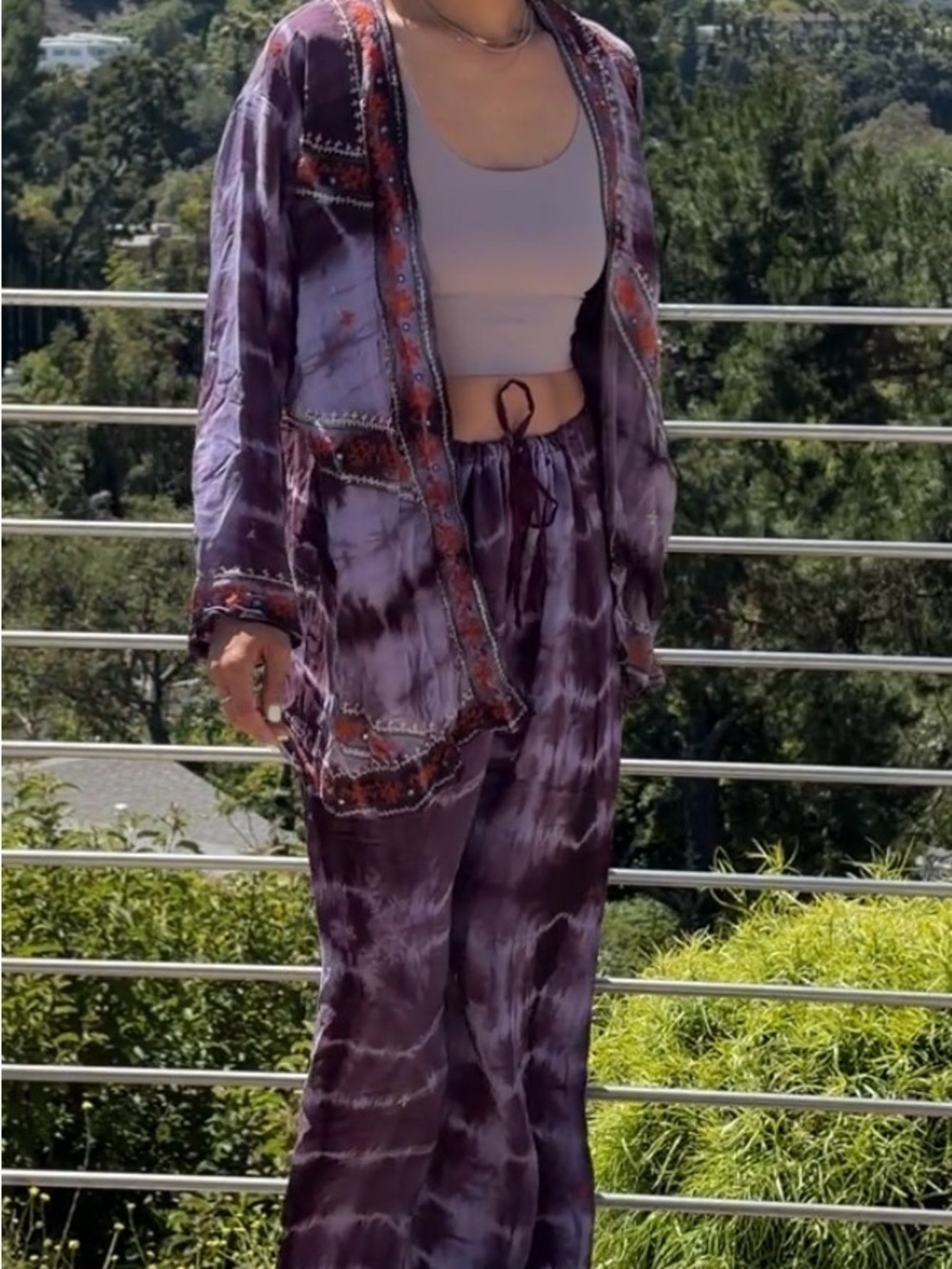 Sun Child 2PC silk Purple Tie-Dye Jacket & Pants Festival Coachella one size - Picture 9 of 11
